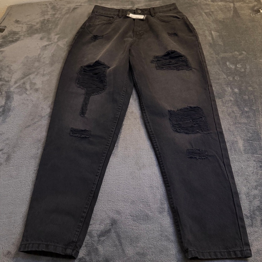 PrettyLittleThing‎ Distressed Mom Jeans Womens US 6 Washed Black Ripped Denim